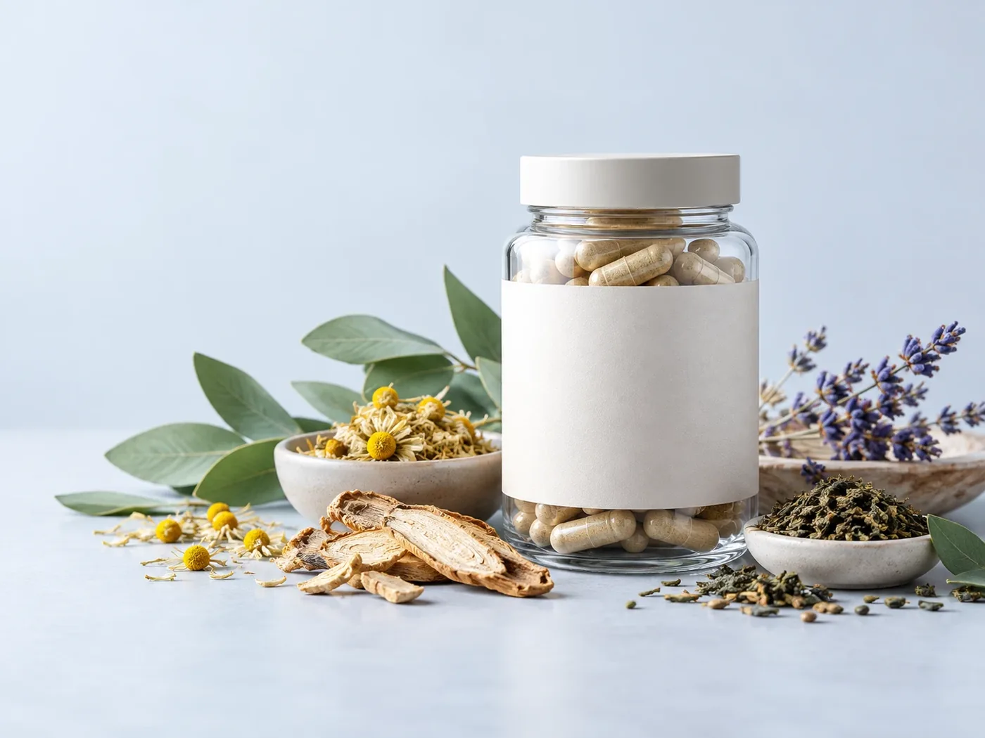 A jar of herbal capsules surrounded by dried chamomile, sliced root, lavender and green tea leaves