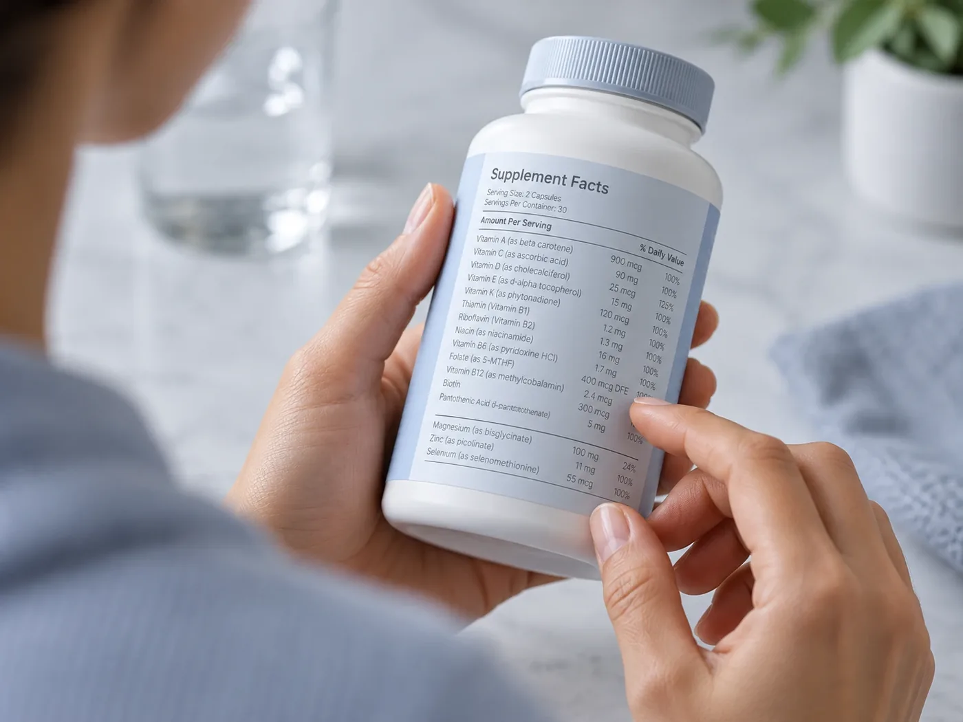 Hands holding a supplement bottle and reading the Supplement Facts panel on its label