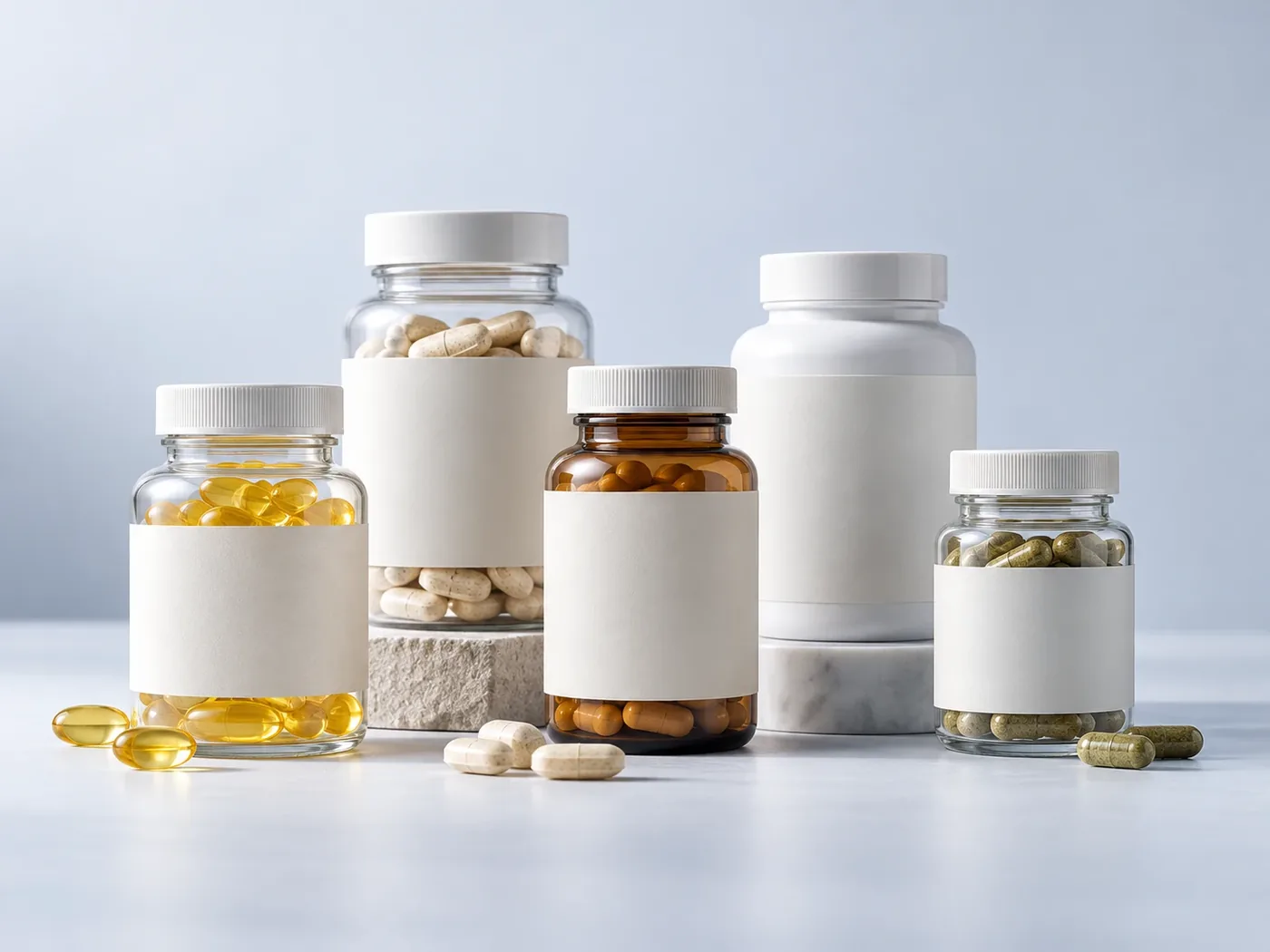 Five supplement bottles with blank labels, holding soft gels, tablets and capsules, on a pale ground